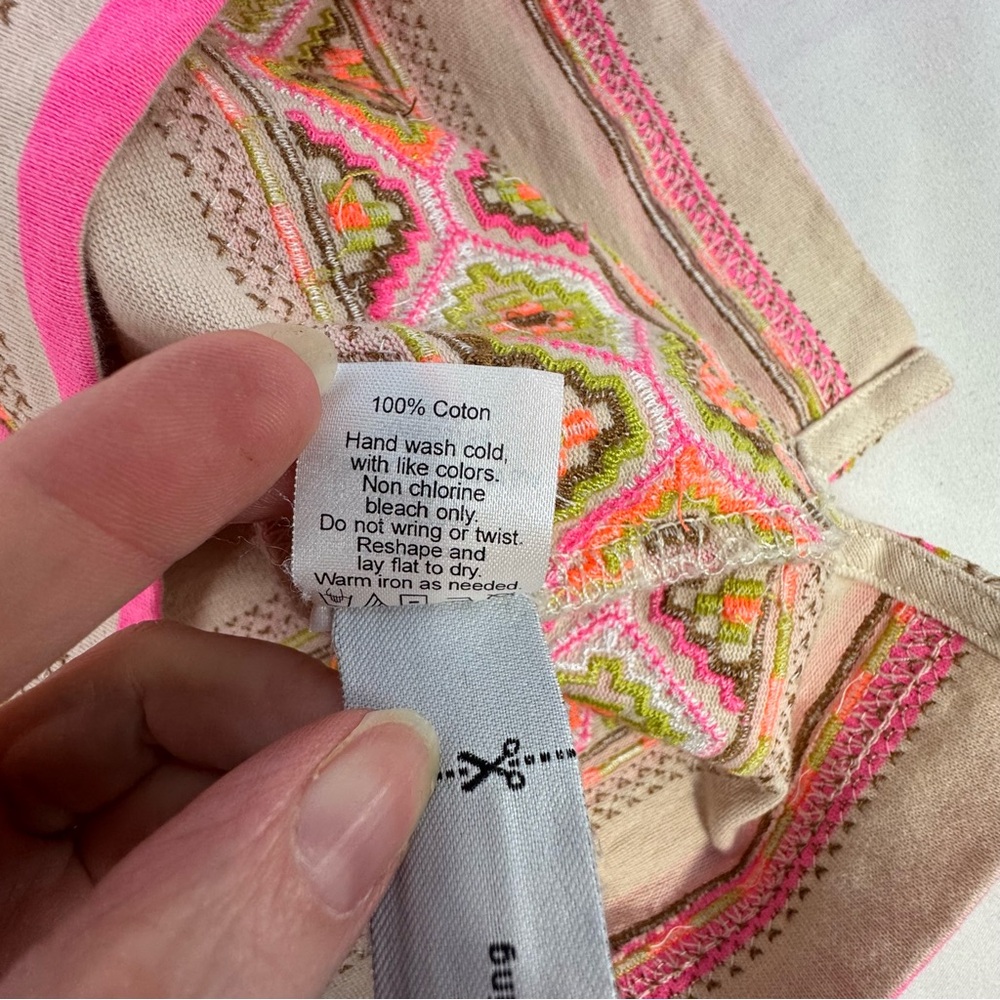 J. Crew XS neon pink stripe bohemian embroidered accent 3/4 sleeve top - Picture 9 of 13